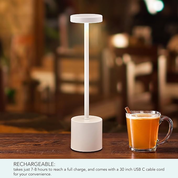 Mikasa LED Cordless Metal Table Lamp, Portable Rechargeable 5,000 mAh, 3 Color Stepless Dimming, White, 3.15x3.15x13.5 Inch