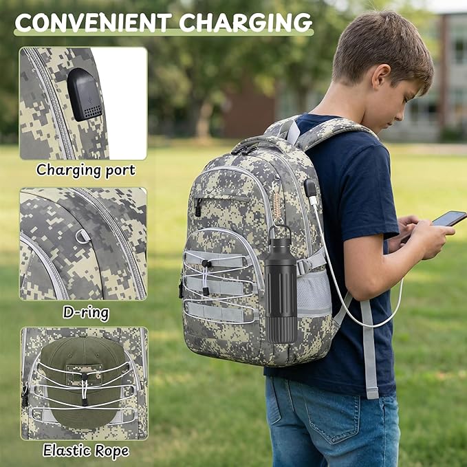 School Backpacks for Boys - 4pcs Camo Boys Backpacks with Lunch Box Set for Kids Teens Elementary Middle School, 18″ Large Capacity Students Bookbag, Perfect for Travel