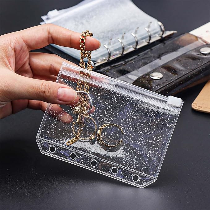 10pcs A8 Cash Stuffing Envelopes Zipper Binder Pockets Clear Glitter PVC 5 Hole Zip Sleeves Loose Leaf Pouches for 5 Ring Binder Planner (A8 3.15" x 4.33")
