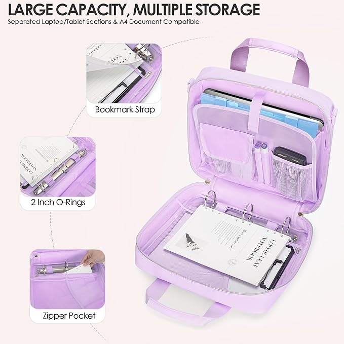 3 Ring Zipper Binder, 2 Inch Ring Binder Organizer Bag with Shoulder Strap Fits 13 Inch Laptop and 500 Sheets, Purple(Empty Bag Only)