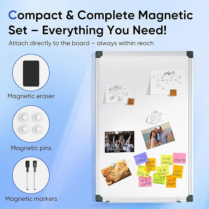 Magnetic White Board Hanging 36" x 24" for Wall, Dry Erase Board for Office, School, Home, Silver Frame, Includes Eraser, Markers, Magnets, Pen Tray