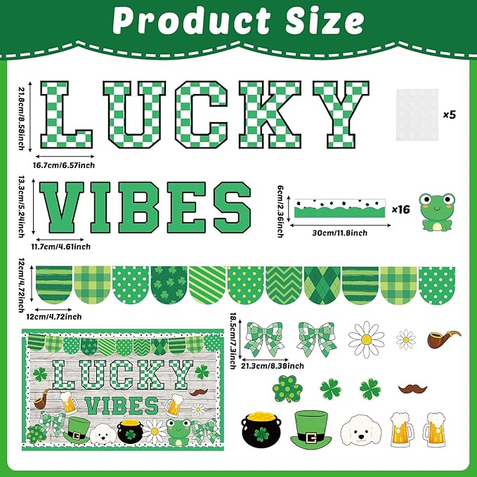 St.Patrick's Day Bulletin Board Decoration Set Green Shamrock Paper Cut Outs Lucky Vibes Bulletin Board Set for St.Patrick’s Party Supplies Home Office School Classroom Chalkboard Wall Decor
