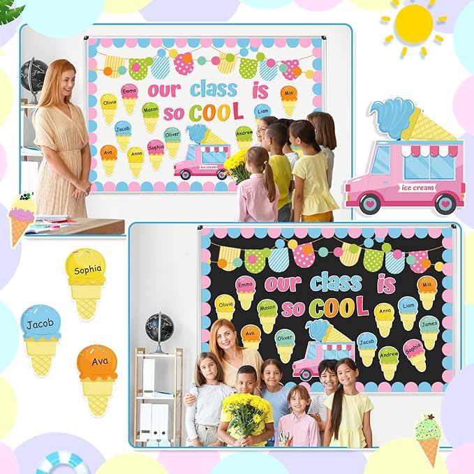 Epakh Summer Ice Cream Bulletin Board Set Our School is So Cool Classroom Decorations Ice Cream Paper Cutouts with Borders for Door Wall School Summer Birthday Party Supplies