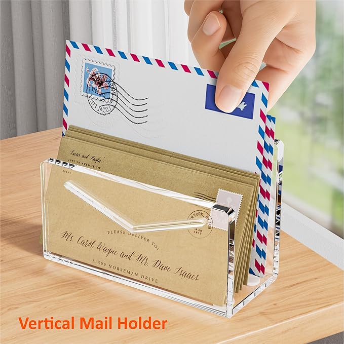 Acrylic Mail Holder, Mail Organizer Wall Mounted Clear File Letter Organizer, Vertical Envelope Mail Holder for Desk, Lightweight Countertop Bill Sorter Invoice Stand for Home Office School
