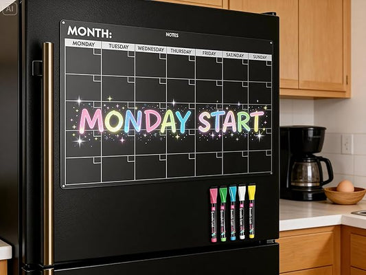 Fridge Calendar Acrylic 17x12”, Start Monday | Magnetic Calendar for Refrigerator | Acrylic Dry Erase Whiteboard Calendar for Fridge | Family Schedule Board with 5 Markers & Eraser by Freedom Mastery