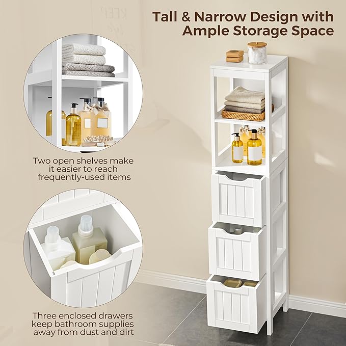 Yaheetech Bathroom Tall Cabinet, Slim Storage Cabinet, Narrow Freestanding Floor Cabinet with 3 Drawers & 2 Shelves, Linen Tower for Small Space, 12" D x 12" W x 56" H, White