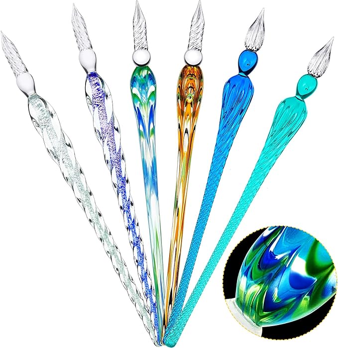 Zonon 6 Pieces Handmade Glass Dip, Crystal Glass Signature Calligraphy Vintage Dip Ink Pen Borosilicate Present Pen for Writing Drawing Decoration(Stylish Color,Bright Style)