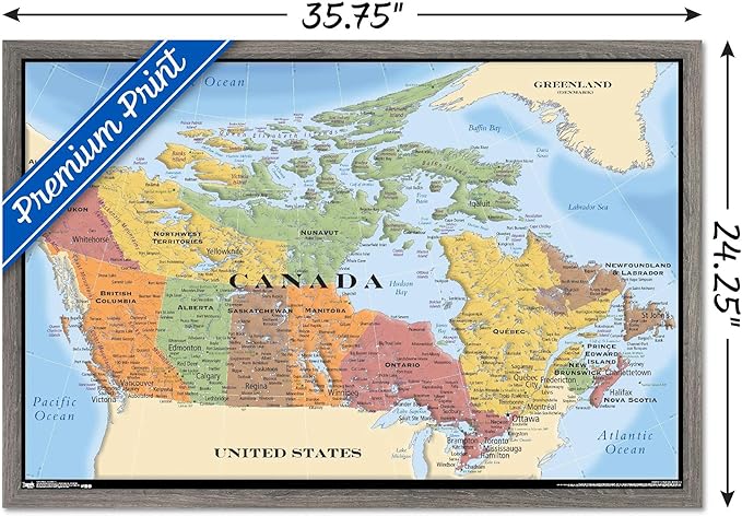 Map - Canada Wall Poster, 34L" x 22.4W", Barnwood Framed Version
