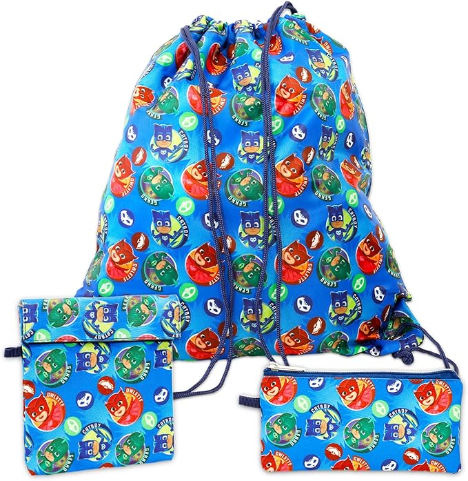 Disney PJ Masks School Backpack with Lunch Box for Kids - 5 Pc Bundle with 16" Backpack, Cinch Bag, Lunch Bag, Pencil Holder, Stickers, More | PJ Masks School Bag Set