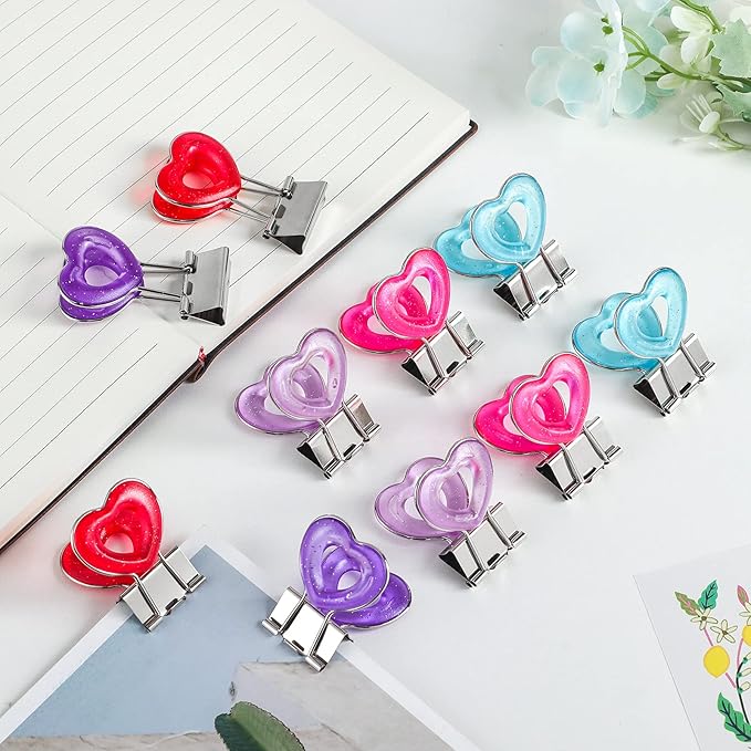 Clear Heart Shape Medium Paper Clips, Binder Clips, Easy Grip, Assorted Color, School Office Supplies, 10 Pcs/Set