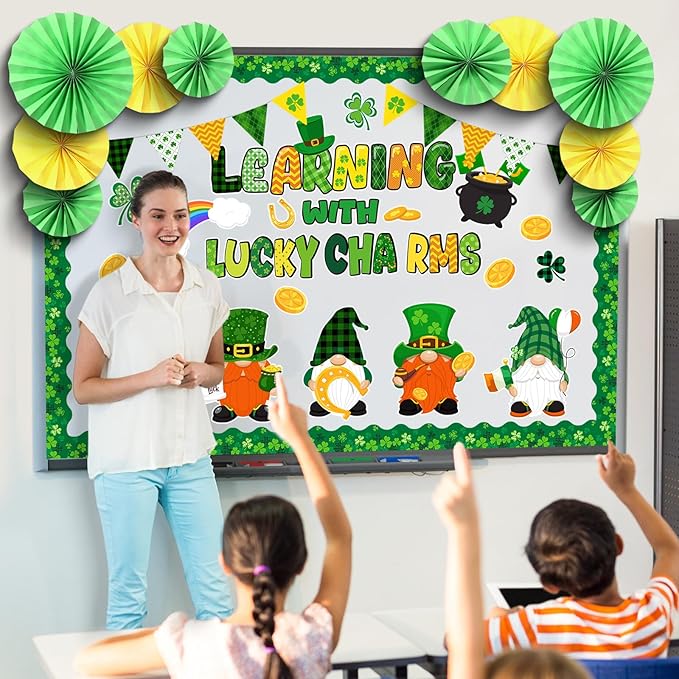 Eersida Spring Bulletin Board Decorations with Paper Fans St Patricks Day 3D Classroom Bulletin Board Christian Easter Flower Bunny Cutouts School VBS Library Church Window Wall Decor(St. Patrick’s)