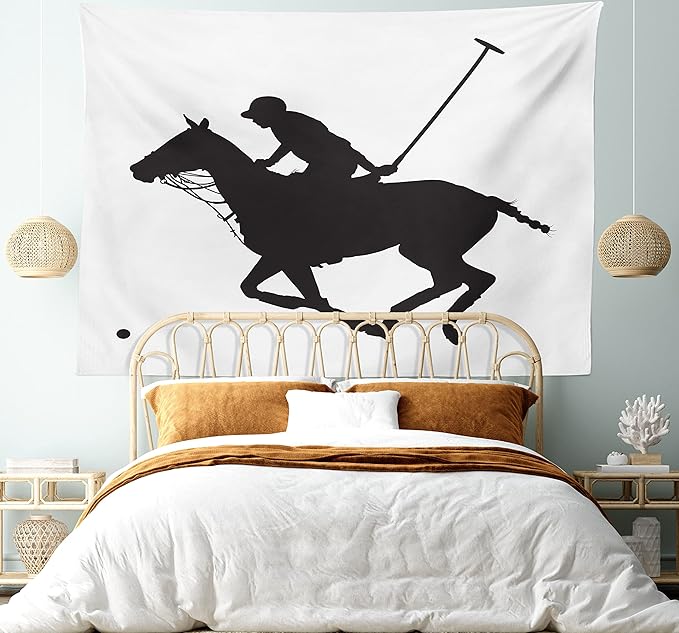 Ambesonne Sports Tapestry, Silhouette Illustration of Polo Player on a Horse Hitting a Ball Print, Fabric Wall Hanging Decor for Bedroom Living Room Dorm, 28" X 23", Charcoal Grey
