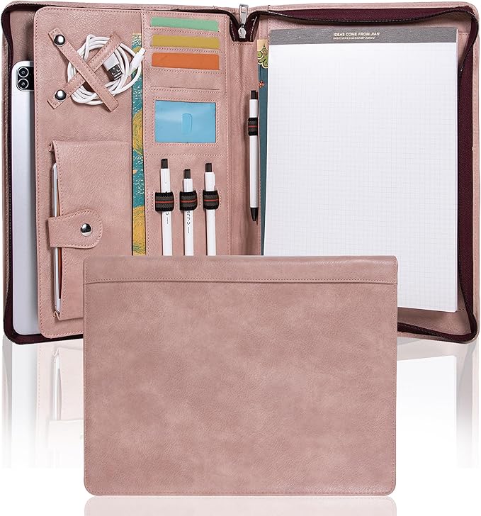 Link Luck Pink Portfolio Binder,3 Ring Binder with Zipper,PU Leather Padfolio with Zipper for Women, Professional Business Portfolio Organizer for Resume/Interview, A4 Letter Document Organizer