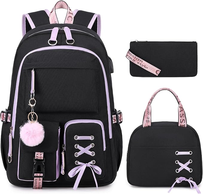 Backpacks for Girls, Girls Backpack with Lunch Box and Pencil Case for Teen Kids Elementary Middle High School College Student, Children Backpack Bookbag with USB Charging Port (Black Purple)