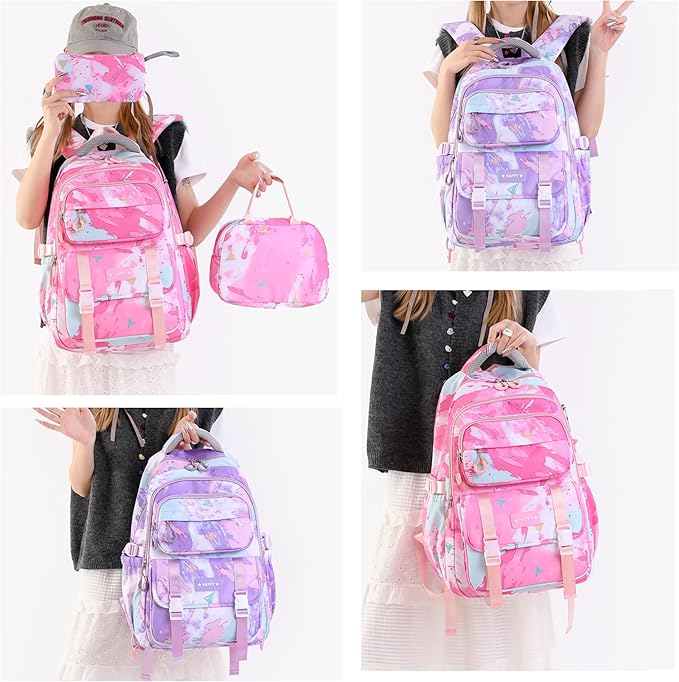 MITOWERMI Pink Backpack for Girls Bookbag Kids School Bags Multi-pocket Girls Backpack for School Elementary Students Schoolbags Teens Back packs (Pink)