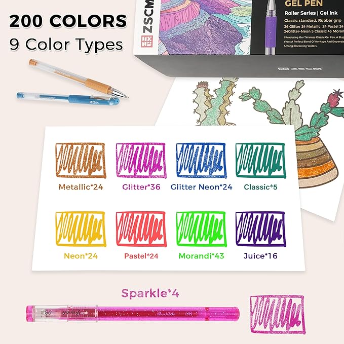 400 Pack Gel Pens for Adult Coloring Book, 200 Artist Colored Pens With 200 Refills, Fine Tip Metallic Glitter Gel Pens for Drawing Doodling Journaling Craft Art Supplies