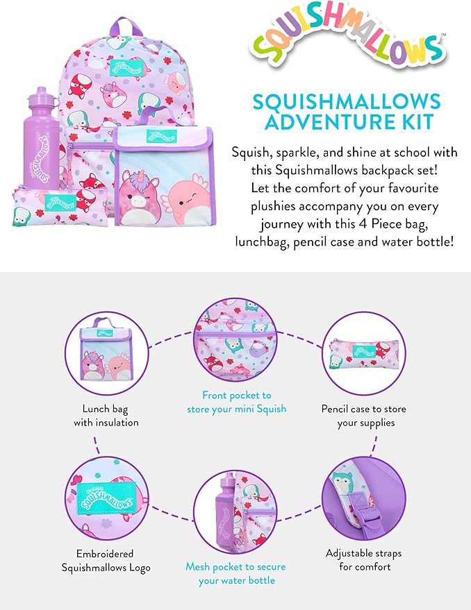 Squishmallows School Bag 4 Piece Set | Kids Backpack And Lunch Bag Set With Pencil Case And Water Bottle | Children's Backpacks | Official Merchandise, NDSM85636
