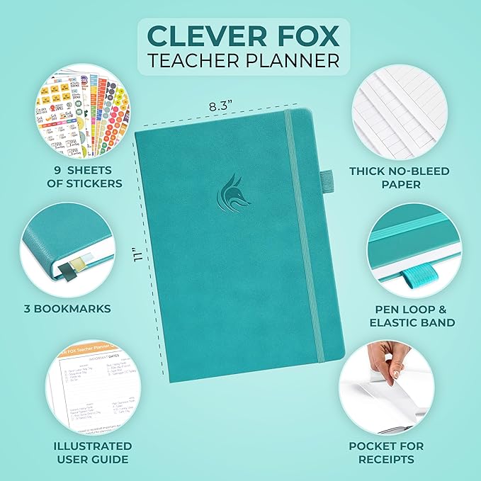 Clever Fox Teacher Planner – School Year Planner with Calendars & Lesson Plans – Book for Classroom & Homeschool Organization, A4 (Turquoise)