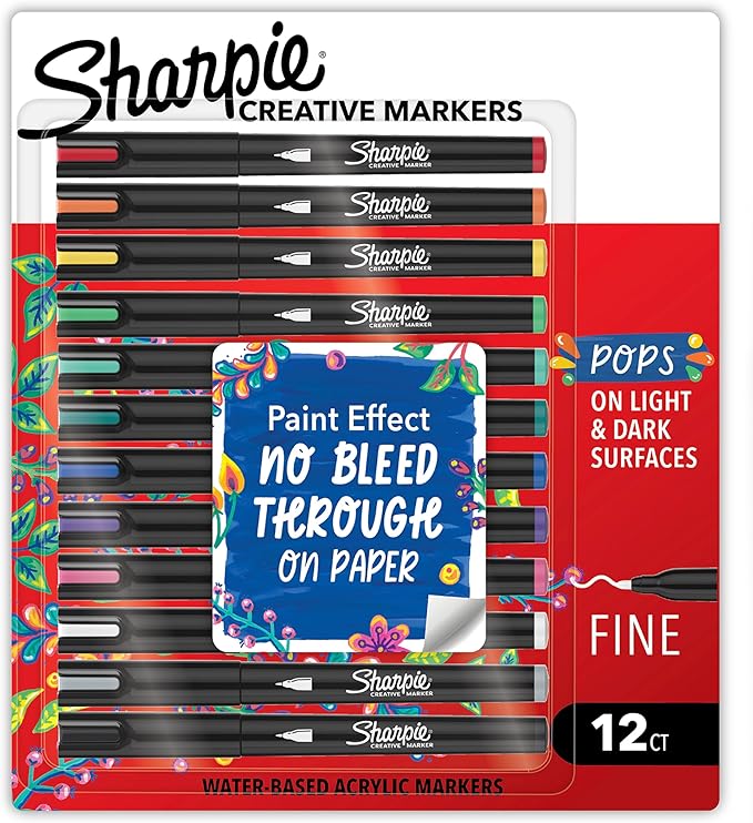 Sharpie Creative Markers, Water-Based Acrylic Paint Markers, Fine Tip, Assorted, 12 Count