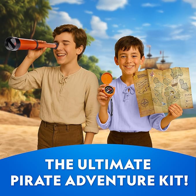 National Geographic Pirate Adventure Activity Kit – Dig for Treasure, Make a Pirate Hat & Map, Includes Spyglass, Compass, Replica Doubloon & Pyrite, STEM Toys, Telescope for Kids