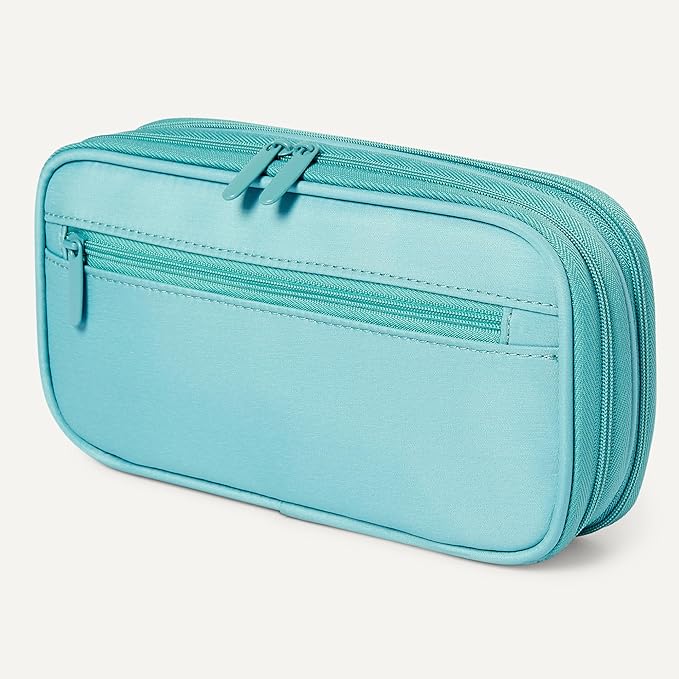 Amazon Basics Large Capacity Pencil Case with Durable Zipper, Multi-Compartment, Cyan Mild