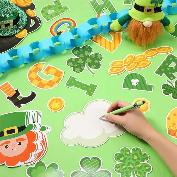 Pasimy St. Patrick's Day Bulletin Board Decorations Set Shamrocks Gold Coin 3D Rainbow Paper Cutouts Lucky Clover Bulletin Board Borders for Green Irish Holiday School Home Wall Decor(Leprechaun)