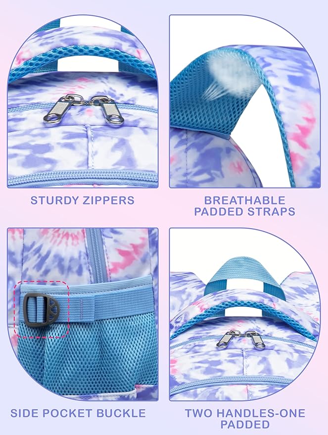 BLUEFAIRY Kids Backpack with Lunch Box for Girls Boys Elementary Primary Middle School Bag with Lunch Bag Set 17 Inch Bookbag Mochilas Escolares para Niñas Niños (Tie-dye, Light Violet)