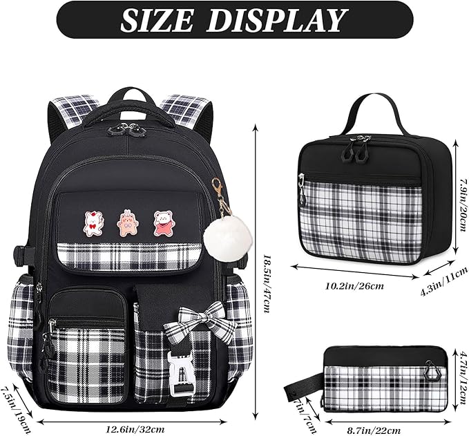 3PCS Girls Backpack Set for School - Cute Kids Bookbag with Lunch Box & Pencil Case, Stylish Backpack Combo for Girls Preschool Elementary Middle High School Students Teens Black