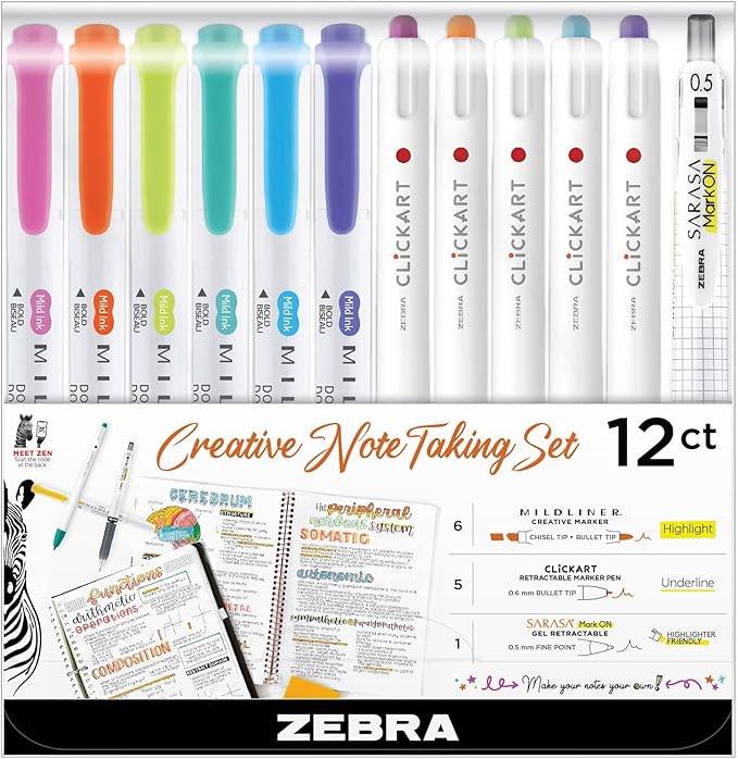 Zebra Pen Creative Notetaking Set 12-Pack, Includes 6 Highlighters, 5 CLiCKART Retractable Marker Pens, and 1 Sarasa Retractable Gel Pen, Assorted Ink Colors, Ideal For Note-Taking (12012)