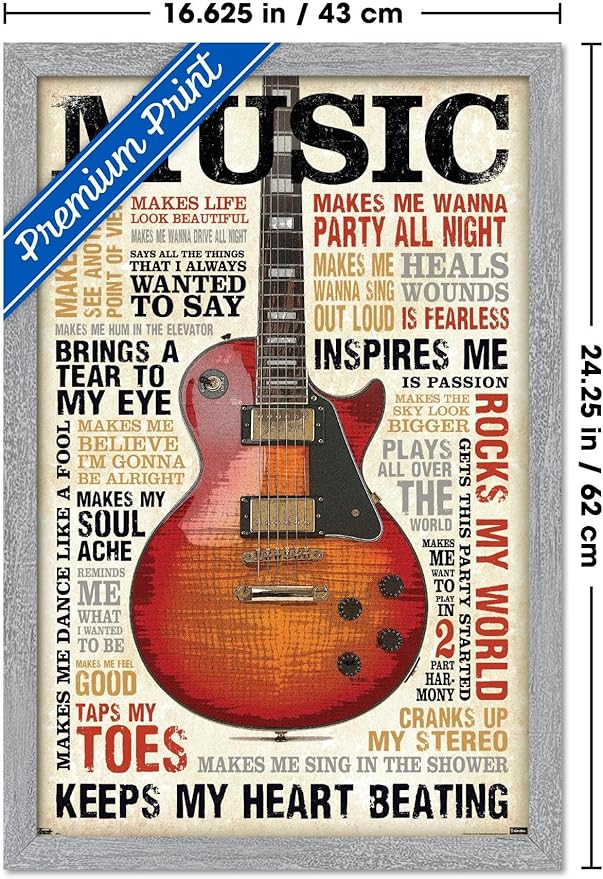 Music Inspires Me Wall Poster, 22.4L" x 14.7W", Gray Framed Version