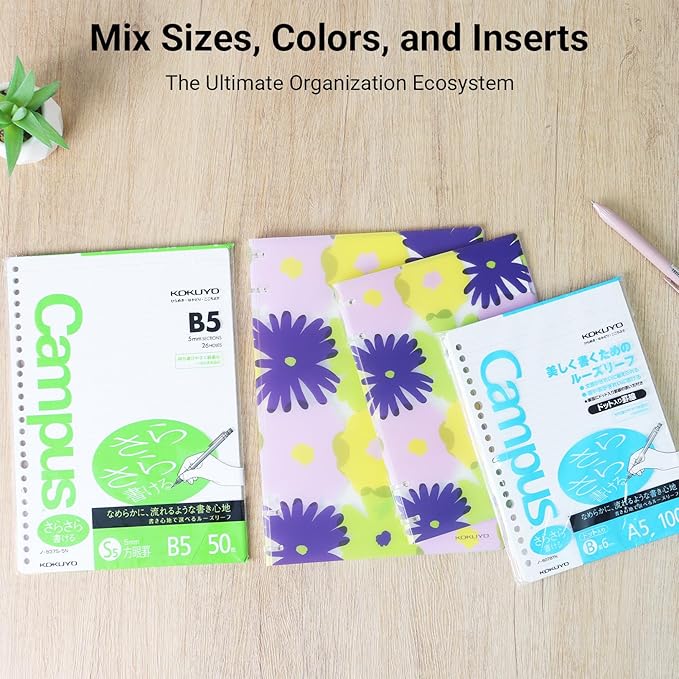 KOKUYO SOU SOU 2x2 Spiral Binder Notebook, B5 Refillable Binders with 50 Sheets 5x5 Graph Loose leaf Paper. Pre-Packed 10 Sheets in 8mm Ruled, Notebooks for School & Work