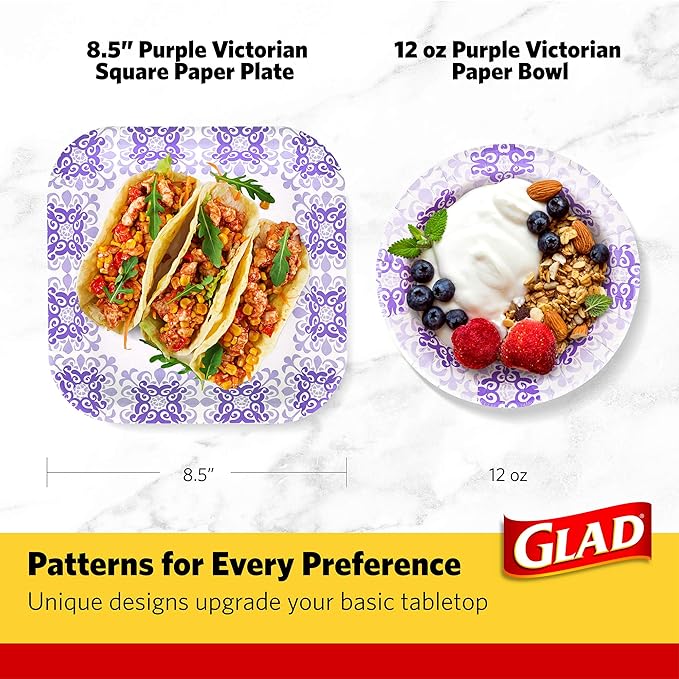 Glad Round Disposable Paper Bowls, Purple Victorian Design - Heavy Duty, Soak Proof, Cut-Resistant, Microwavable Bowl for All Foods & Daily Use, 12 Oz, 20 Count