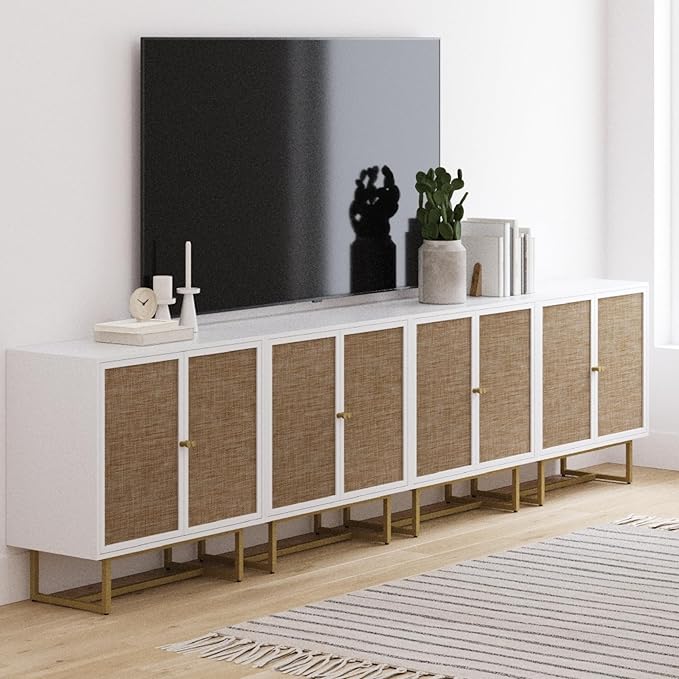 Nathan James Kova Rattan Wood Accent Natural Sideboard Storage Cabinet TV Stand with Matte Metal Frame, Adjustable Shelves and Cane Doors, for Hallway, or Living Room, White/Cane/Brass, Set of 4