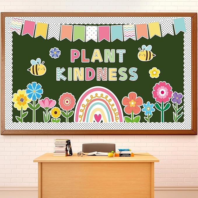 98 Pcs Spring Floral Flowers Bulletin Board Decorations Plant Kindness Bulletin Board Set Spring Floral Classroom Decor Rainbow Flowers Bee Cutouts for Primary School Home Wall Decorations