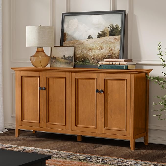SIMPLIHOME Amherst Storage Cabinet - 66 inch Wide Solid Wood 4-Shelf Sideboard Cabinet in Light Golden Brown, Transitional Buffet for Living Room or Dining Room with 4 Doors and Adjustable Shelves