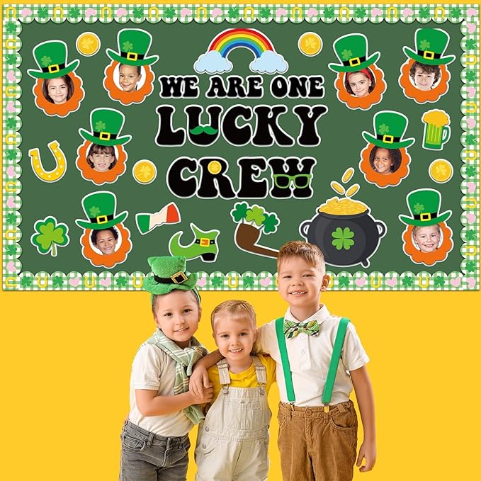 St. Patrick's Day Bulletin Board Set Shamrock Gold Coin Leprechaun Hat and Beard DIY Photo Craft Cutouts One Lucky Crew Green Irish March Classroom Decoration for Holiday Party School Home Wall Decor