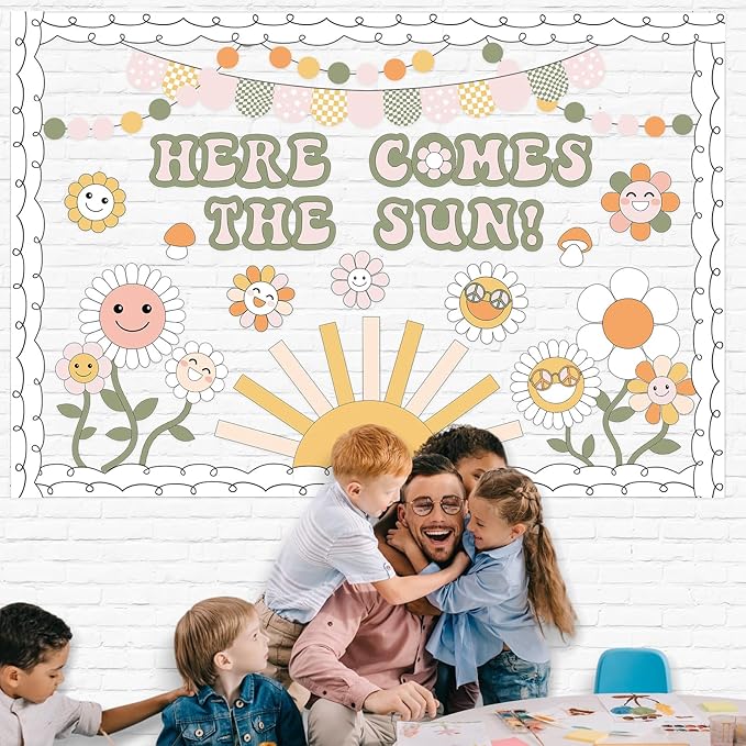 Epakh Here Comes The Sun Bulletin Board Set Sun Flowers Classroom Decorations Boho Daisy Paper Cutouts with Borders for Door Wall Back to School Party Supplies