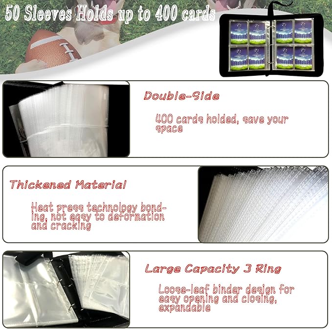 Football Card Binder 400 Pockets, Trading Card Binder 4 Pocket with 50 Removable Sleeves Fits 400 Sport Cards, 3 Ring Card Holder Binder with Zipper, Collector Storage Album