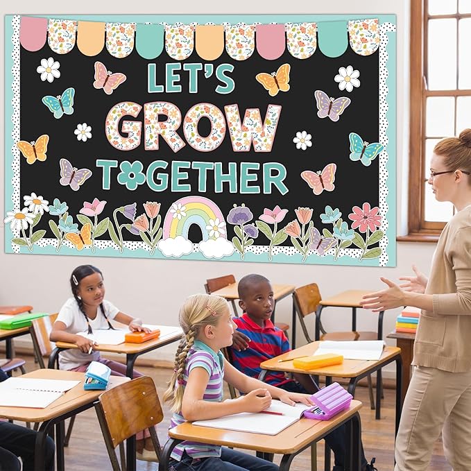 Spring Bulletin Board Decor Set Motivational Let's Grow Together Pastel Flower Butterfly Rainbow Classroom Cutout April Or May Bulletin Board for Back to School Home Nursery Chalkboard Wall Decor