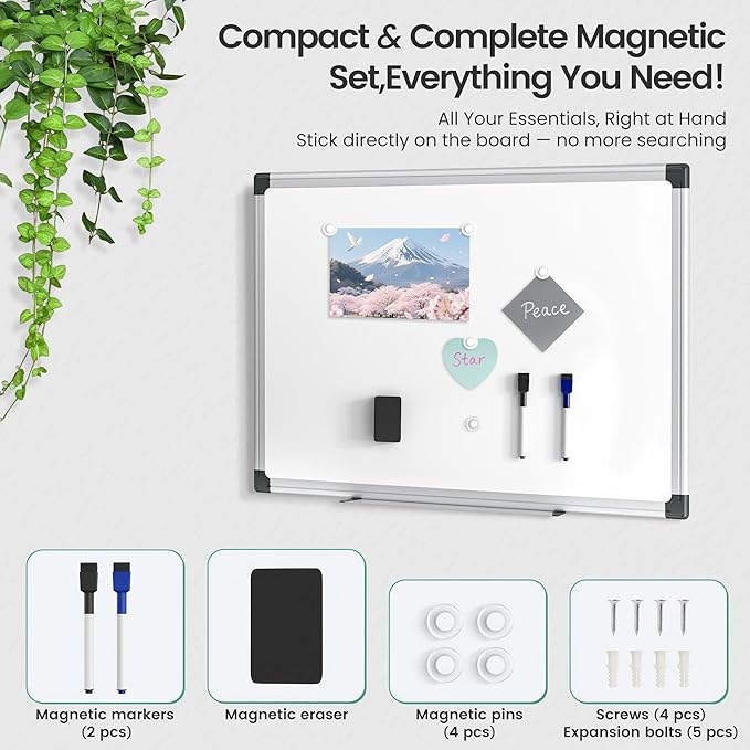 Magnetic Dry Erase Board 36 x 24 for Wall, Whiteboard for School, Classroom, Study & Home Office – Silver Aluminum Frame with 2 Markers, 4 Magnets & Eraser