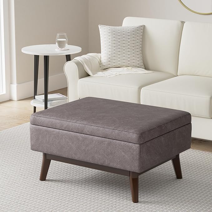 SIMPLIHOME Owen Coffee Table Storage Ottoman - 34 inch Wide Upholstered Vegan Leather Rectangular Lift-Top Ottoman in Distressed Grey Taupe, Mid-Century Modern Bench for Living Room with Tapered Legs