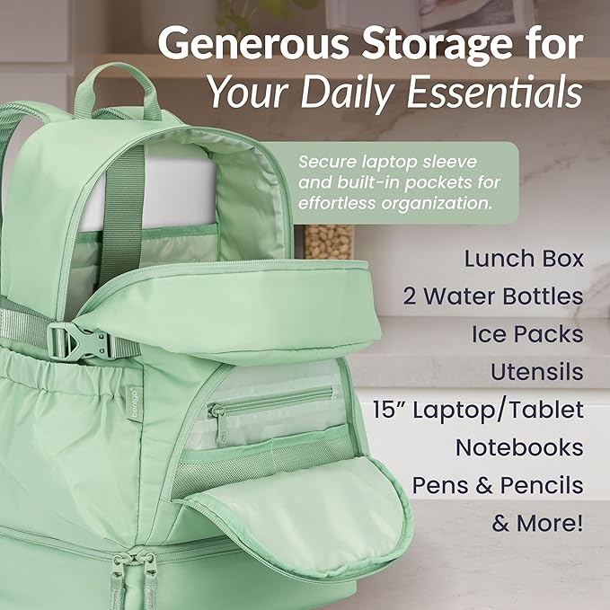 Bentgo 2-in-1 Adult Backpack & Insulated Lunch Bag – Lightweight, Water-Resistant Travel Backpack with 9 Compartments, Laptop Sleeve & Trolley Sleeve for Work & Everyday Use (Clay Green)