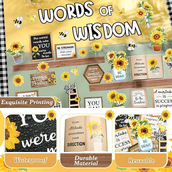 57 Pcs Sunflower Bulletin Board Set Inspirational Flower Bulletin Board Decoration Positive Cutout Classroom Decoration for School Office Home Teacher Classroom Wall Supplies