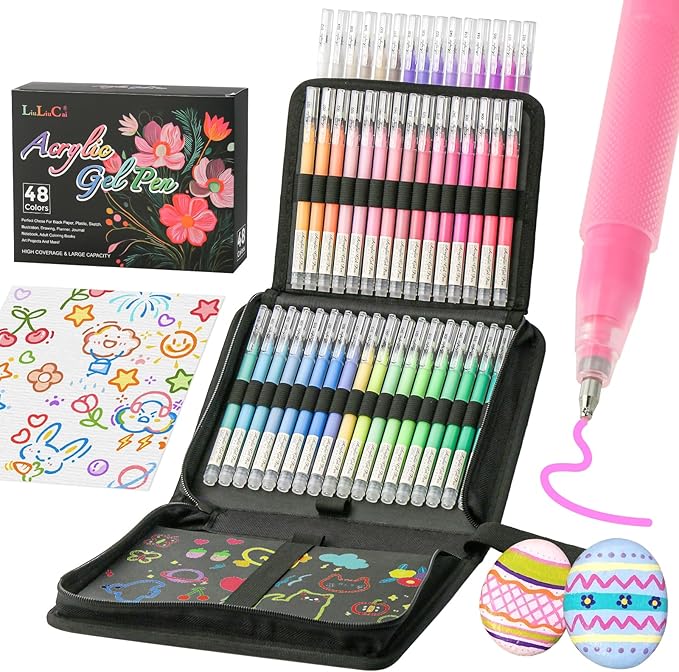 LIUILUCAI 48 Colors 3D Acrylic Gel Pens for Coloring, Large Capacity Fine Tip Acrylic Paint Pen, 1.0 mm Bullet Tip, Colored Gel Ink Pens for Black Paper Drawing Journaling Art Supplies