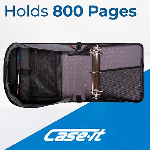 Case-it King Sized Zip Tab School Zipper Binder | 4-Inch D-Rings, 800 Sheet Capacity, 5-Subject Expanding File Folder, Multiple Pockets & Storage Organizer, Shoulder Strap | D-186 Jet Black