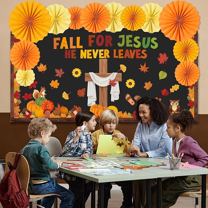 Fall Christian Bulletin Board Decorations Set Fall for Jesus He Never Leaves Paper Cutouts for Classroom Autumn Sunday School Church Cross Cutout for Religious School Office Wall Decor