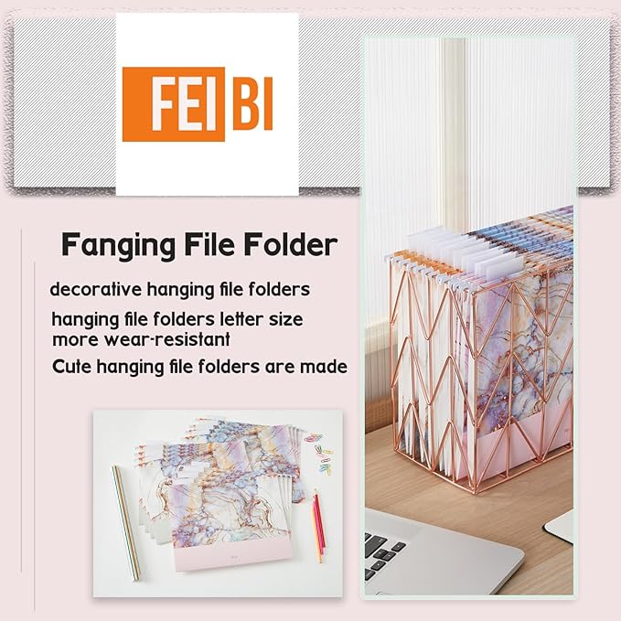 12 Pack Hanging File Folders Filing Cabinet Organizer Letter Size 1/5 Cut Adjustable Tabs Decorative for Home Office School Classroom,Marble