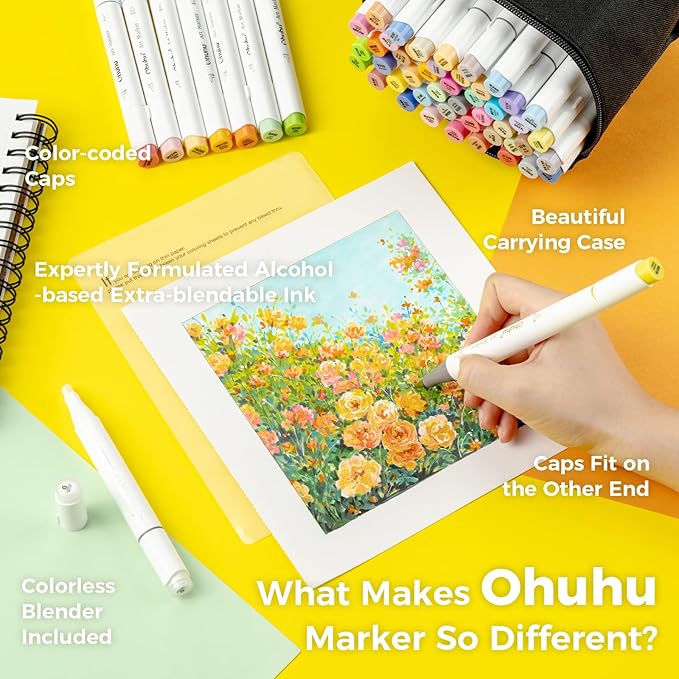 Ohuhu Alcohol Brush Markers 48 Mid-tone Colors - AP Certificated Double Tipped Alcohol Based Art Marker Set for Artist Adults Coloring Illustration - Honolulu Brush & Chisel Dual Tips - Refillable