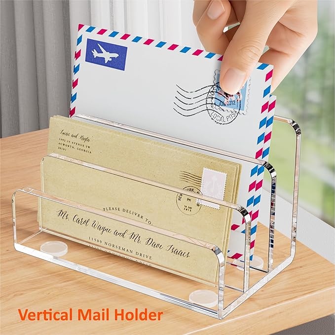 Mail Organizer Countertop, 3 Section Clear Acrylic Small File Holders Letter Organizer for Desk, Modern Filing Accessories for Document, Office, Home, School