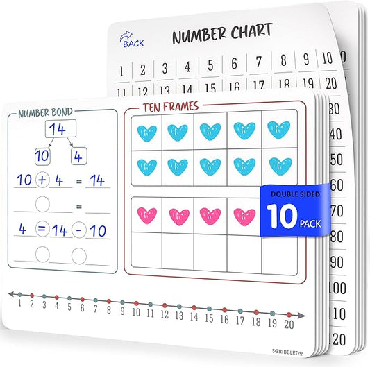 SCRIBBLEDO Number Bonds 9”x12” Small White Board Dry Erase Sheets Math Manipulatives Number Chart Ten Frame Number Line Math Supplies Teacher Students Classroom Pack of 10 Sheets